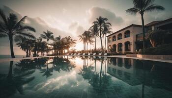 idyllisch Luxus Resort bietet an still am Pool Entspannung im tropisch Paradies generiert durch ai foto