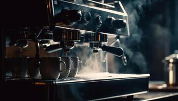 metallisch Kaffee Ausrüstung Herstellung frisch heiß Getränke im Kaffee Geschäft generiert durch ai foto