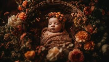 Neugeborene Baby Mädchen Schlafen friedlich im ein Natur inspiriert Studio Schuss generiert durch ai foto