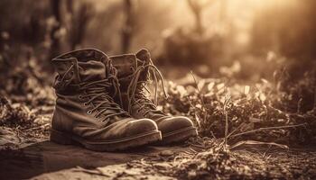 Männer Leder Wandern Stiefel, schmutzig von draussen Abenteuer im Natur generiert durch ai foto