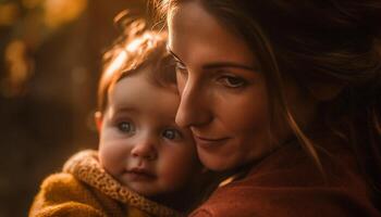 Familie Verbindung draußen, Umarmen Natur, genießen Sonnenuntergang, lächelnd mit Liebe generiert durch ai foto