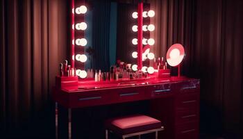 beleuchtet Nachtclub Bühne mit modern Ausrüstung und elegant Dekoration generiert durch ai foto