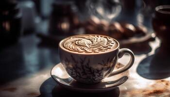 schaumig Cappuccino auf hölzern Tisch, ein perfekt Kaffee brechen generiert durch ai foto