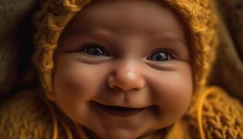 lächelnd Baby Junge im warm stricken Hut genießt Herbst Natur generiert durch ai foto