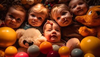 süß Baby Mädchen spielen mit bunt Spielzeuge, voll von Freude generiert durch ai foto