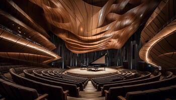 modern Auditorium mit beleuchtet Bühne, leeren Stühle, und futuristisch Design generiert durch ai foto