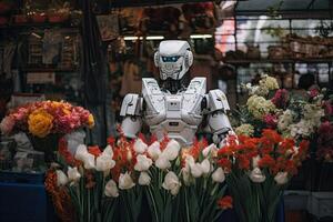 Roboter beim Blume Markt im Bangkok, Thailand. ein Roboter Florist Verkauf Blumen im das Markt, ai generiert foto