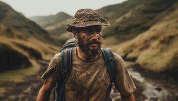 einer Mann Wandern Berg Gipfel, erkunden extrem Terrain draußen generiert durch ai foto