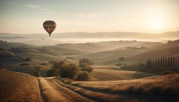 heiß Luft Ballon fliegend Über still Herbst Landschaft, idyllisch Schönheit generiert durch ai foto