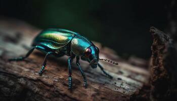 metallisch Hirsch Käfer kriecht auf Grün Blatt im gespenstisch Wald generiert durch ai foto