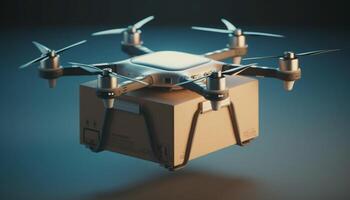 Drohne Propeller schweben Mitte Luft, filmen modern Antenne Aussicht digital generiert durch ai foto