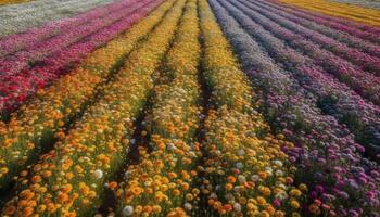 beschwingt Tulpe Strauß im ein Reihe, Fokus auf Vordergrund Schönheit generiert durch ai foto