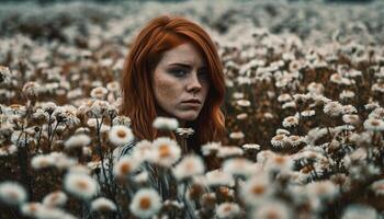 jung Frau im Natur, lächelnd beim Kamera, umgeben durch Blumen generiert durch ai foto