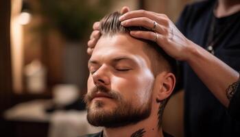 zwei Männer Sitzung drinnen beim Barbier Geschäft, Vertrauen und Eleganz generiert durch ai foto