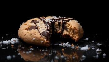 hausgemacht Schokolade Chip Plätzchen Stapel, ein Süss Genuss zum Dessert generiert durch ai foto