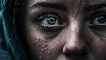 einer Frau starren, Trauer im ihr Augen, nass mit Regen generiert durch ai foto