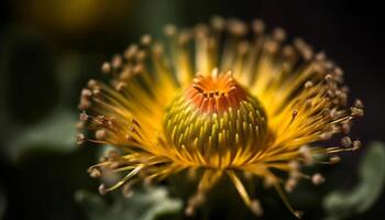 beschwingt Gelb Wildblume im Wiese, Pollen Muster im Vordergrund generiert durch ai foto