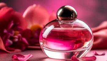 duftend Flüssigkeit im Glas Flasche, Rosa Eleganz zum Schönheit Behandlung generiert durch ai foto