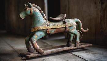 Antiquität schaukeln Pferd, ein rustikal Souvenir von Kindheit Spaß spielen generiert durch ai foto