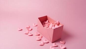 Liebe schwebt mit Romantik, Herz geformt Geschenk Paket im Rosa generiert durch ai foto