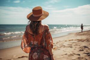 zurück Aussicht von ein jung Frau im ein Hut Stehen auf das Strand und suchen beim das Meer, ein jung Bohemien Dame tragen Boho Stil Kleidung auf ein Strand, ai generiert foto