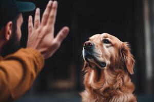 abgeschnitten Schuss von Mann gestikulieren mit Hand und golden Retriever Hund, ein Mann hoch fünf seine Hund begeistert, ai generiert foto