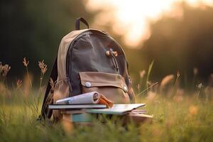 Rucksack mit Bücher auf das Gras im das Sonnenuntergang. Reise Konzept. ein Schule Rucksack im ein Feld auf ein hell sonnig Tag, ai generiert foto
