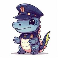 Polizei Krokodil Baby Karikatur Design. Krokodil Polizei auf ein Weiß Hintergrund. bunt Krokodil tragen Polizei Anzüge Design zum Kinder Färbung Seiten. bunt Polizei Krokodil Karikatur. ai generiert. foto