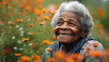 lächelnd Senior Frau genießt Natur Schönheit im ländlich Herbst Szene generiert durch ai foto