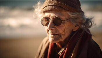 lächelnd Senior Frau im Sonnenbrille genießen Sommer- Ferien beim Sonnenuntergang generiert durch ai foto