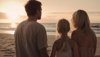 Familie genießt Sonnenuntergang Urlaub, Verbindung im Natur mit Glück generiert durch ai foto