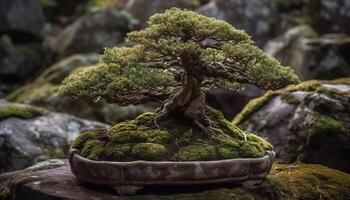 frisch Grün Wachstum auf alt Kiefer Baum im still Wald generiert durch ai foto