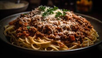 hausgemacht Bolognese Pasta Mahlzeit mit Bohnenkraut Fleisch Soße und Parmesan generiert durch ai foto