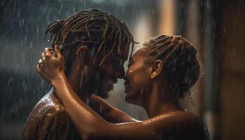 romantisch jung Paar umarmt im das Regen, genießen spielerisch planschen generiert durch ai foto