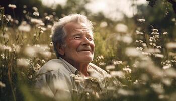 aktiv Senioren genießen Natur Vitalität im still ländlich Wiese generiert durch ai foto