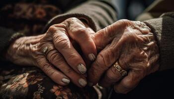Senior Paar halten Hände, präsentieren Liebe und lebenslang Bindung generiert durch ai foto