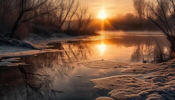 still Szene von Winter Wald, Sonnenuntergang spiegelt auf gefroren Teich generiert durch ai foto