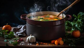 Herbst Eintopf gekocht im Kessel auf Holz Feuer, Gourmet Mahlzeit generiert durch ai foto