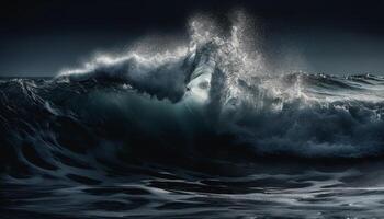 brechen Welle spritzt Achtung im dunkel Meereslandschaft, sprühen Sprühen Schönheit generiert durch ai foto