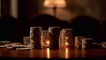 Stapel von Glücksspiel Chips im ein Reihe, glühend mit Erfolg generiert durch ai foto