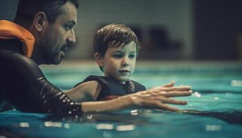 Vater und Sohn Bindung durch Baden, Spaß und Zusammengehörigkeit generiert durch ai foto