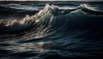 Schönheit im Natur Blau Welle stürzt ab auf sandig Küste Horizont generiert durch ai foto