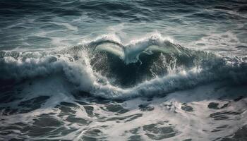 Blau Welle abstürzen auf sandig Küste, Schönheit im Natur Bewegung generiert durch ai foto