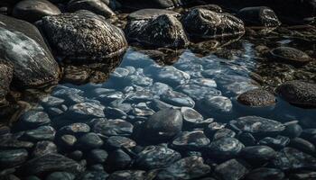 still Szene glatt Wasser fließend Über Kieselsteine im ein Teich generiert durch ai foto