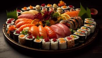 Gourmet Meeresfrüchte Mahlzeit frisch sashimi, maki Sushi, und Nigiri Teller generiert durch ai foto