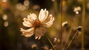 beschwingt Gänseblümchen Blüte, Gelb und Grün, im Sanft Fokus Wiese generiert durch ai foto