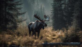 majestätisch Hirsch weidet im still Wiese inmitten Kiefer Bäume generiert durch ai foto