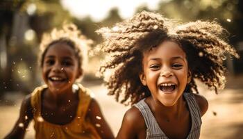 glücklich Kinder Verbindung draußen, genießen sorglos Sommer- Wochenende Aktivitäten zusammen generiert durch ai foto