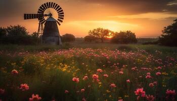 Sonnenaufgang Über das alt Windmühle auf das still ländlich Bauernhof generiert durch ai foto