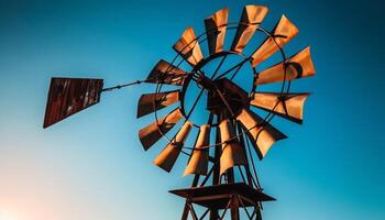 von hinten beleuchtet Wind Turbine Silhouette drehen gegen hell Sonnenuntergang Himmel generiert durch ai foto